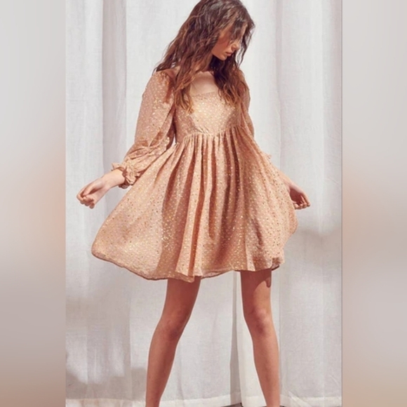 STORIA Gold Flaked Embroidered Dots Baby Doll Mini Dress Small - Picture 3 of 10